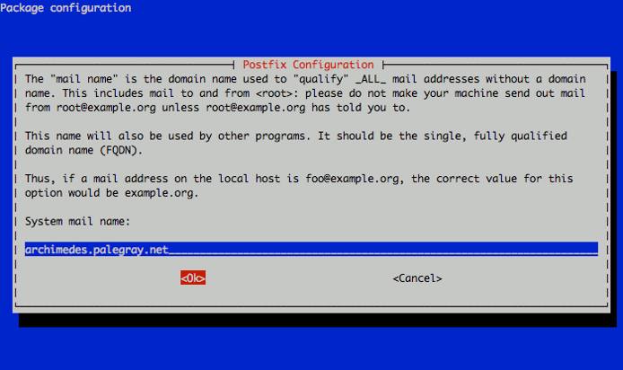 Selecting the Postfix system mail name on a Debian 6 (Squeeze) Linode.