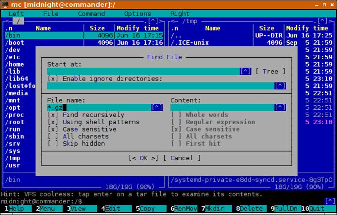 Midnight Commander - Find File Dialog